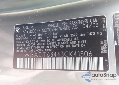 2003 BMW 530Ia from USA, damaged, VIN WBADT63443CK41506